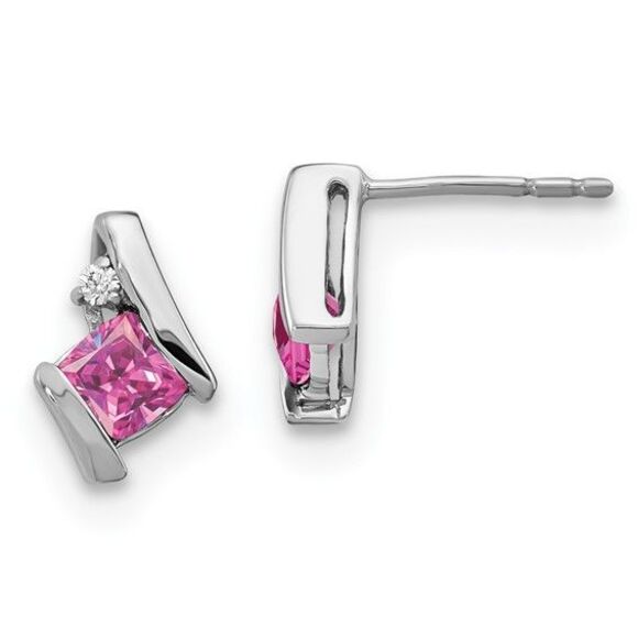 Sterling Silver Antique Cushion Cr. Pink Sapphire & Diamond Earrings